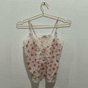 Pollinaise Vintage Red white Floral Lace silk satin Chemise cami slip tank top